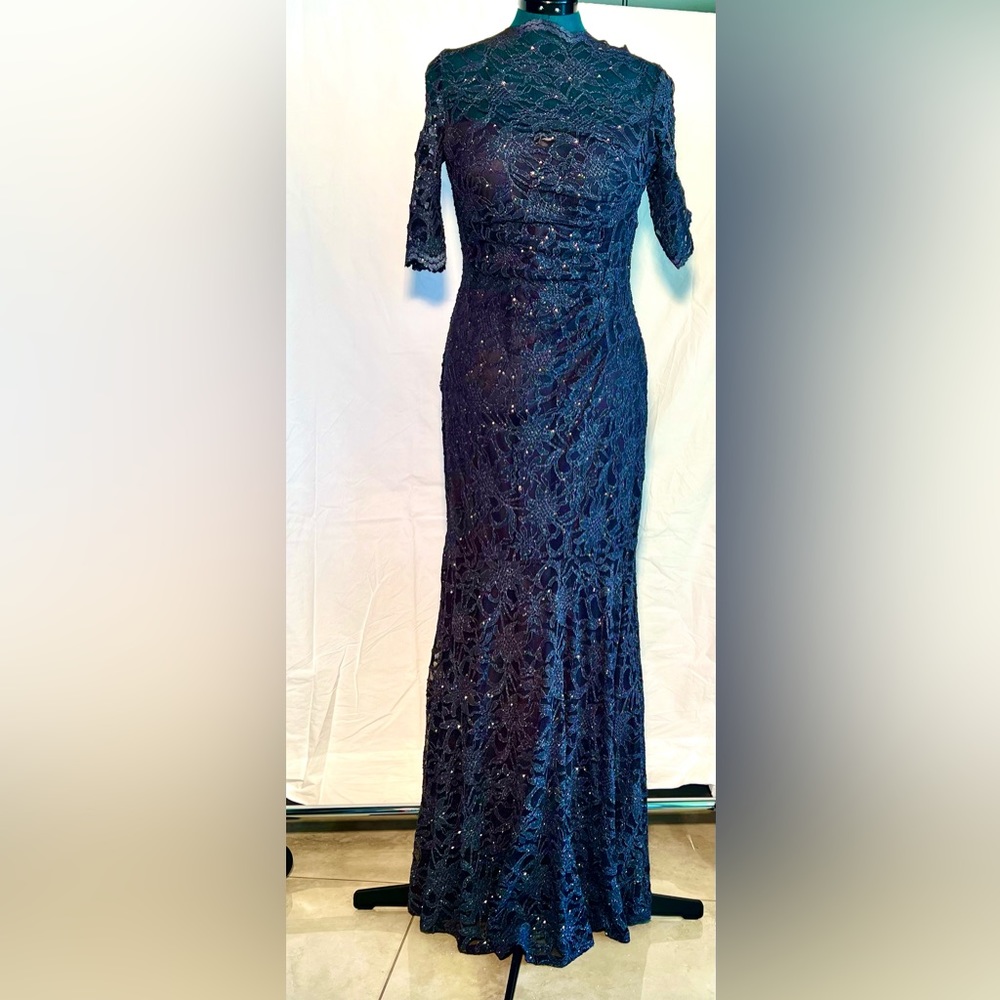 Sequined lace midnight blue evening dress